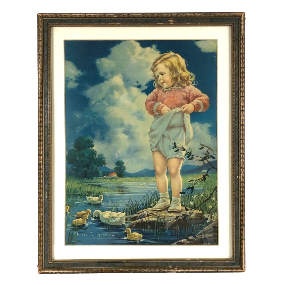 VTG Mabel R Harris 'Feeding the Ducks' Framed Lithograph Art Print 1935 15x18